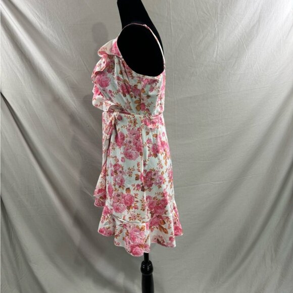 Pink Floral Wrap Ruffle Hem Mini Dress - Picture 7 of 8